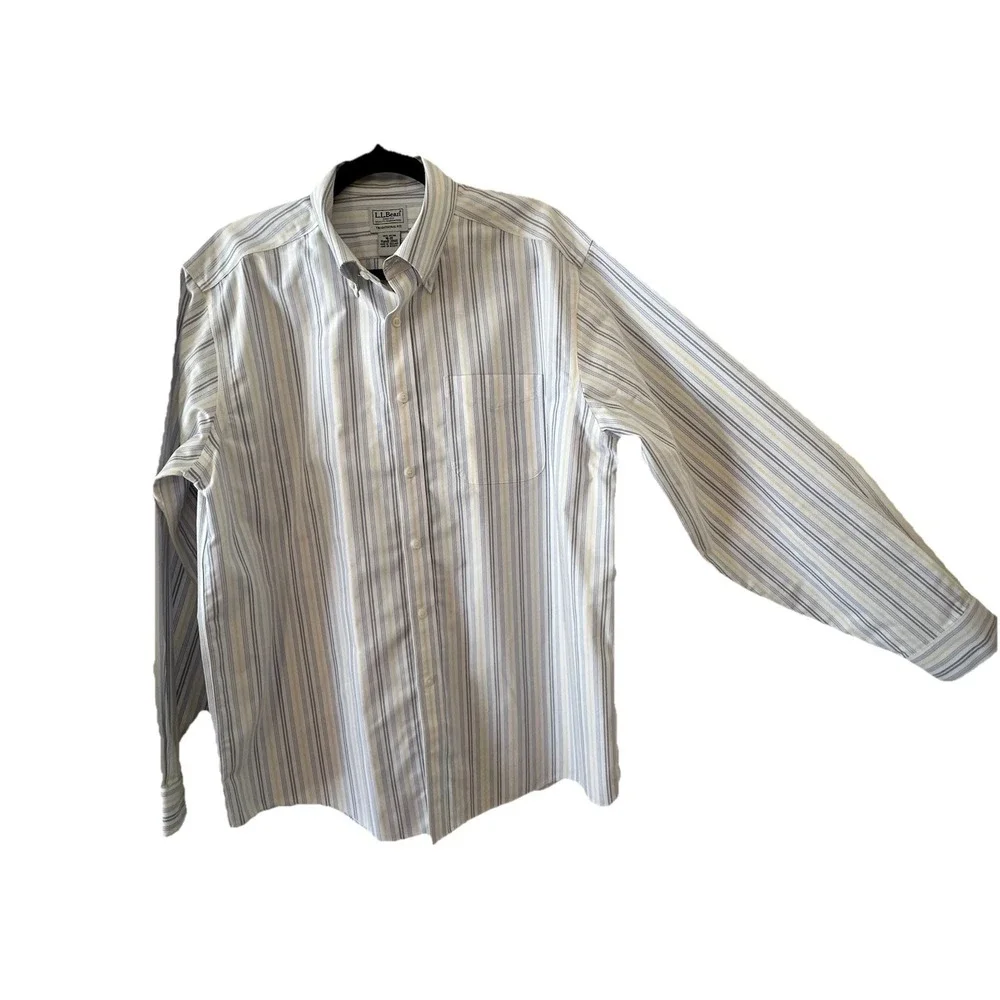 LL Bean Traditional Fit 16 35 Blue Yellow Striped Oxford Preppy Shirt Timeless